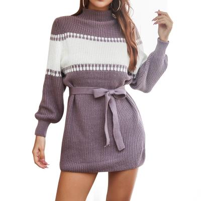 China New Autumn And Winter Anti-wrinkle New High Neck Sweater Dress Casual Color Knitted Knitted Women Long for sale