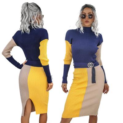 China New anti-static contrast color long sleeved half neck sweater dress for autumn and winter knitted tie dress for sale