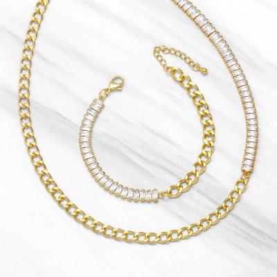 China CLASSIC Gold Fashion Brass Zircon Wholesale Europe Style Choker Necklace Chain Bracelet Set Simple Trendy Jewelry For Women Men for sale