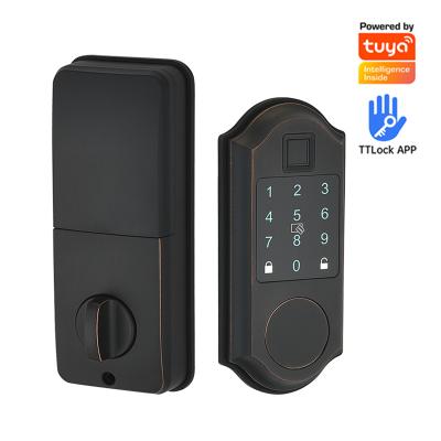 China Anti-Peep Code+Wrong-Try Lockout+Tamper Alarm Tuya Smart TT LOCK built in Fingerprint Deadbolt Smart Keyless Door Lock with American Standard for sale