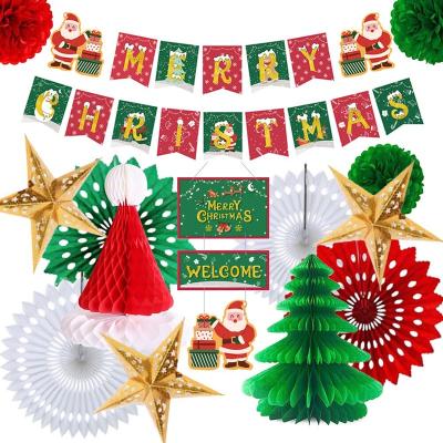 China Disposable Merry Christmas Decorate Honeycomb Paper Fan Decor Merry Christmas Green And Red Special Banner Merry Christmas Gold Star for sale