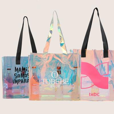 China Waterproof Surface Customized Beautiful Tote Pvc Transparent Bag For Women Logo Holographic Pvc Handle Bag for sale