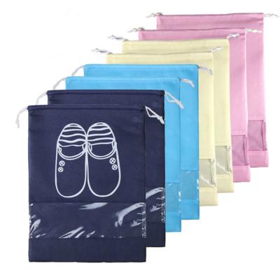 China 100% Reusable Eco-Friendly Recycle Custom Printed Logo Shoe Bag Non Woven Dust Drawstring Bags With Clear PVC Window for sale