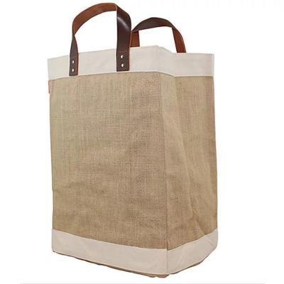 China Wholesale Custom Reusable Eco-friendly Logo Printed Leather Hemp Burlap Shopping Tote Jute Gunny Bags With Handle for sale