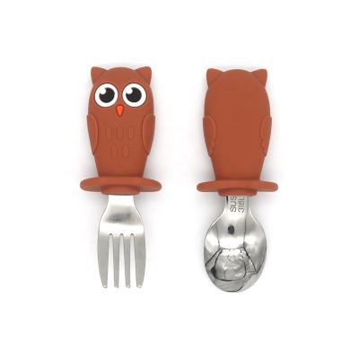 China Hot Selling BPA Free Home Restaurant Cute Cutlery Kids Administer Kids Spoon and Fork Silicone Baby Feeding Spoon Set for sale