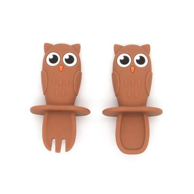 China BPA Free Detachable Cartoon Owl Baby Silicone Spoon and Fork for Baby Training Silicone Baby Fork and Spoon Set for sale