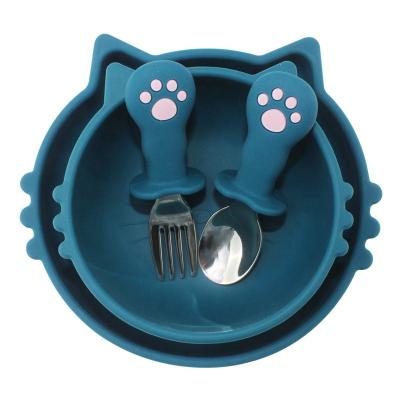 China Modern Suction Baby Feeding Bowl With Spoon Fork Set Puddle Proof Cartoon Animal Customized Logo Bear Toddler Silicone Baby Feeding Set for sale