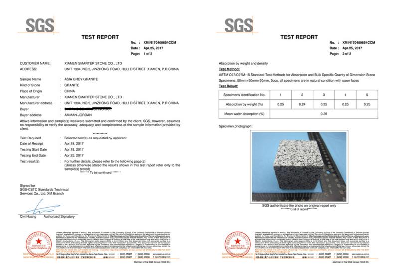 Test Report for G654 granite - Xiamen Smarter Stone Co., Ltd.