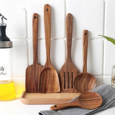 China Sustainable Wooden Kitchen Cookware Set Natural Teak Nonstick Kitchen Tools For Cooking Stirring Mixing Serving for sale