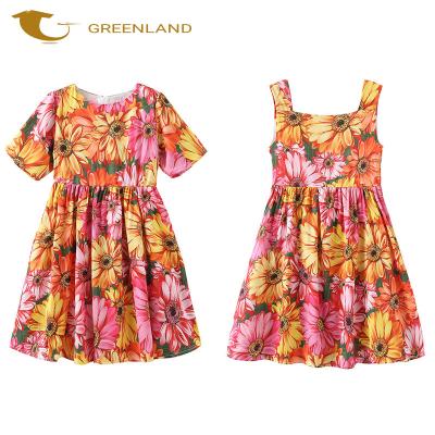 China Wholesale 2 Girls Design Flower Print Dress Summer Washable Customized Kids Wear for sale