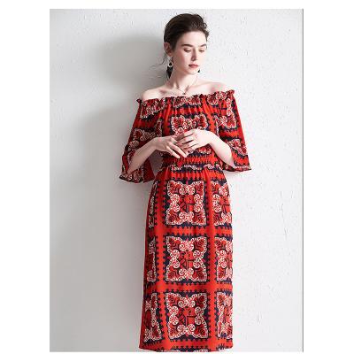 China new design custom Anti-wrinkle clothes Bohemia printing style hot sale polyester beach boat neck dress women dress for sale