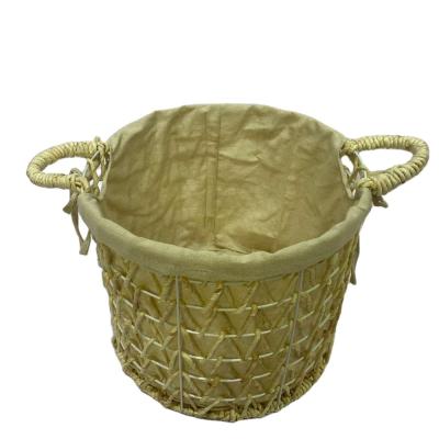 China Sustainable Durable And High Quality Paper Rope Iron Frame Fabric Lining Storage Basket With Handle for sale