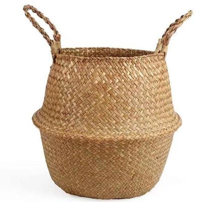 China Viable Storage Toy Woven Seagrass Belly Basket Plant Plankton Belly Basket Plant Pot Cover Laundry for Storage Woven Plant Pot Basket for sale