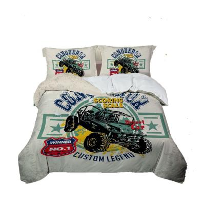 China Nondisposable Customized Locomotive Racing Off-Road Vehicle 100%Polyester 3D Digital Printing Bedding Set Flannel Plush Three Piece Suit for sale