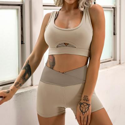 China New QUICK DRY yoga sets women look long sleeve crop top wrap v leggings seated sports bra contrast waist cut shorts for sale