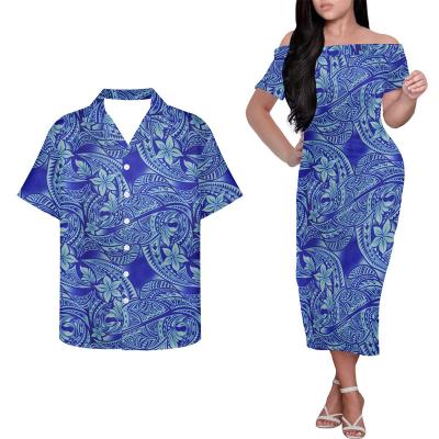 China Custom Dropshipping Viable Polynesian Tribal Blue Frangipani Print Sweet Lovers Matching Couples Clothes Bodycon Elegant Casual Dress for sale