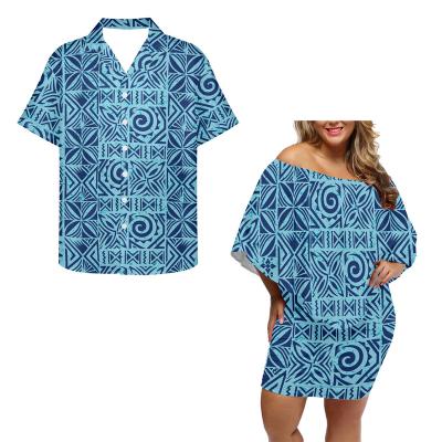 China Polynesian Tribal Samoan Blue Tapa Flower Print Custom Drop Shipping Breathable Couple Clothes For Valentine Club Dresses for sale