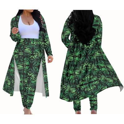 China Anti-Wrinkle Kimono Cardigan Polynesian Tribal Samoan Sets Tapa Flower Print Custom Slim Green Tailored Suit Lady Kimono Coat Pant Outwear Set for sale