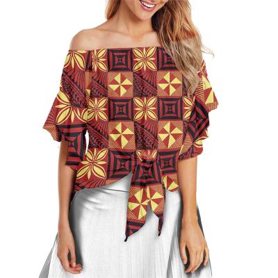 China Brown Tapa Print Custom Women Sexy Samoan Polynesian Tribal Shirt Tops Bandage Summer Chiffon Casual Blouse Off The Shoulder Tops for sale