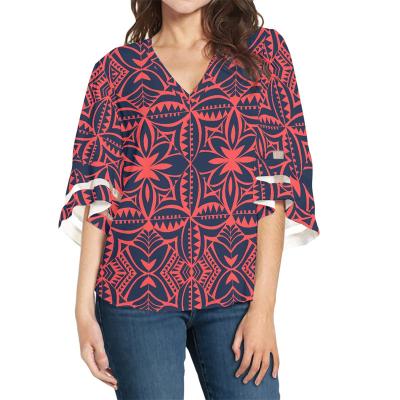 China Floral Butterfly Sleeve Blouse Women Anti-Pilling Chiffon Red Chiffon Samoan Polynesian Tribal Tapa Flower Print Custom Summer for sale