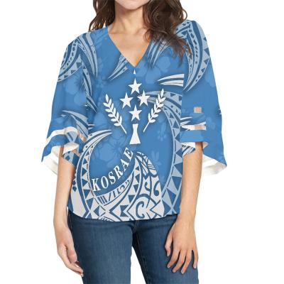 China Custom Made Chiffon Butterfly Sleeve Design Anti-pilling Kosrae ISLAND Style Ladies Shirts Polynesian Tribal Blue Pattern Print Ladies Clothing Blouses for sale