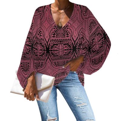 China Polynesian Tribal Red Print Anti-pilling Women's Chiffon Blouse Pattern Retro Dropship Custom Streetwear Plus Size Women's Blouses and Shirts for sale