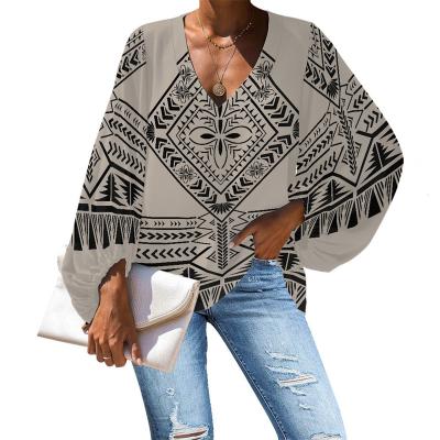 China Polynesian Tribal Samoan Anti-pilling Gray Tapa Pattern Print Custom Plus Size Chiffon Ladies Blouses and Tops Women's Blouses and Shirts for sale