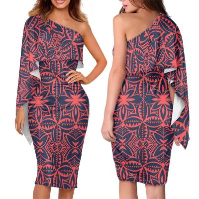 China Anti-Static Polynesian Tribal Samoan Tapa Print Custom One Shoulder Red Even Bodycon Dress Prom Dresses Exotic Oblique Dance Wear Women for sale