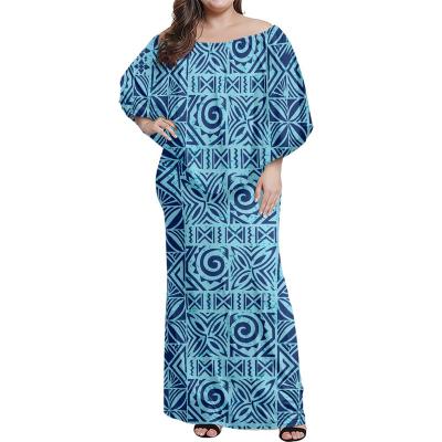 China Breathable Off Shoulder Maxi Dress Blue Ruffle Polynesian Tribal Samoa Tapa Print Custom Plus Size Off Shoulder Dresses Elegant Women Party Evening for sale