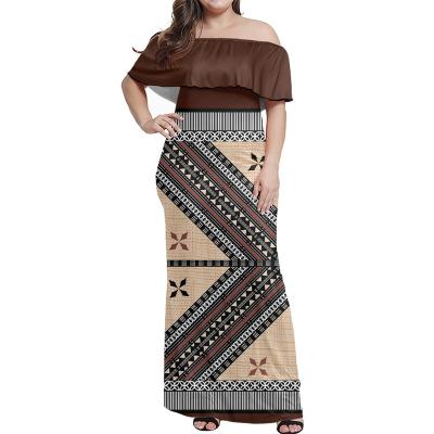 China Breathable Customization Your Own Logo Or Image Retro Polynesian Tribal Apparel Brown Fiji Masi Tapa Print High Quality Samoa Maxi Dress for sale