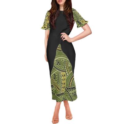 China Anti-Static Bodycon Plus Size Dress Samoa Green Polynesian Tribal Dress Tapa Pattern Print Custom Jurken Short Sleeve Dress For Female for sale