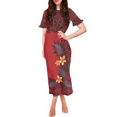 China Anti-Static Sexy Casual Dresses Frangipani and Polynesian Tribal Red Leaves Prints Custom Made Elegant Short Sleeve Clothing Petal Sleeve Dress for sale