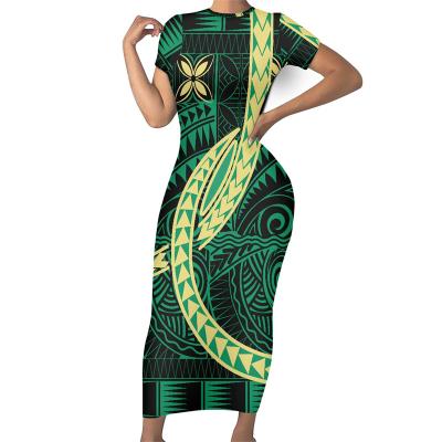 China Elegant Ladies Party Dress 2022 Summer Breathable Polynesian Tribal Samoan Green Tapa Flower Pattern Print Fabrics Custom Bodycon Dresses for sale