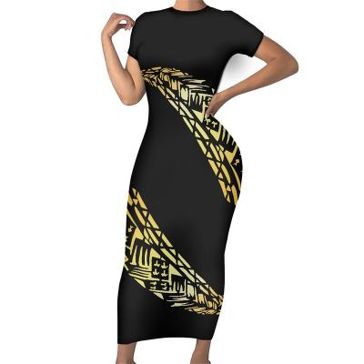 China Breathable Fashion Dresses 2022 Polynesian Tribal Traditional Black And Yellow Pattern Print Custom Made Women Short Sleeve Dress Sexy Bodycon for sale