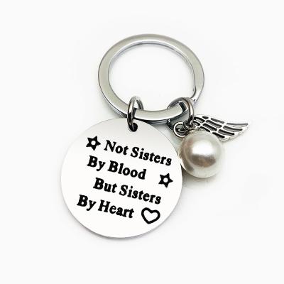 China Metal Sister Not By Blood But Sisters By Heart Key Chain Stainless Steel Disc Sisters Best Friends Senior Chain Gift for sale