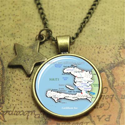 China ALLOY Map of Haiti Pendant Necklace Photo Glass Cabochon Necklace Star Pentagon Necklace Travel Pendant Jewelry for sale