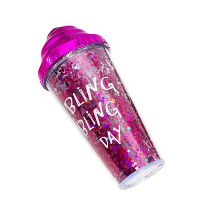 China Contemporary Customized Plastic Double Straw Cup Water Cup With Glitter Insert High Quality Plastic Cover Ice Cream Cover Cup Drink Tea Milk for sale