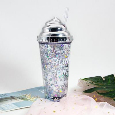 China OEM/ODM Double Straw Cup With Glitter Water Plastic Drinkware Coffee Cup Viable Ice Cream Plastic Cover Double Straw Cup for sale