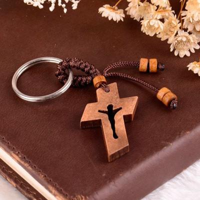 China Europe A&J Jesus Wood Cross Keychain Catholic Cross for sale