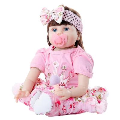 China Cartoon Toy Handmade Long Straight Hair Newborn Baby Toy Set Vinyl Rubber Baby Toys Doll with Pink Hair Accessories for sale