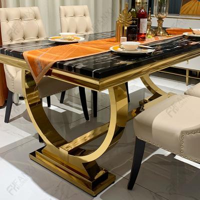 China Wedding luxury marble restaurant dining table stainless steel gold stainless steel dining room furniture square metal dining tables for sale