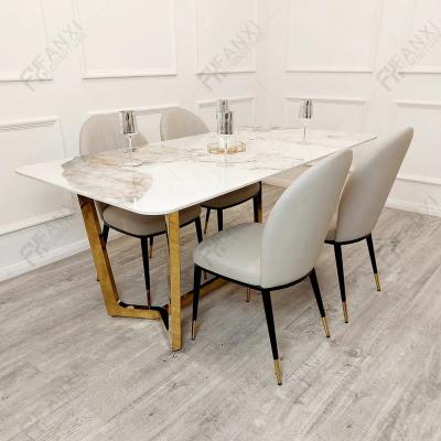 China Stainless Steel Furniture Marble Dining Table Set 8 Stone Stainless Steel Seater Polished Glazed Marble Silver Agglomerated Dining Tables for sale