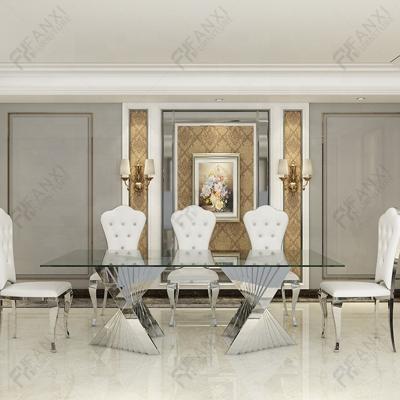 China Fanxi Stainless Steel Factory Hotel Furniture Wedding Dining Table 6 Seater Steel Tables Glass Top Dining Table For Dining Room Furniture DT019 for sale