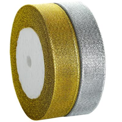 China Wholesale Recyled Festival Decoration Wire Ribbon 1 Inch Gold Glitter Silver Metallic Ribbon for sale