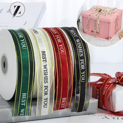 China Custom Name 100% Recyled Logo Polyester Metallia Gold Edge Printed Logo Organza Ribbon For Gift Cake Wrapping Decoration for sale