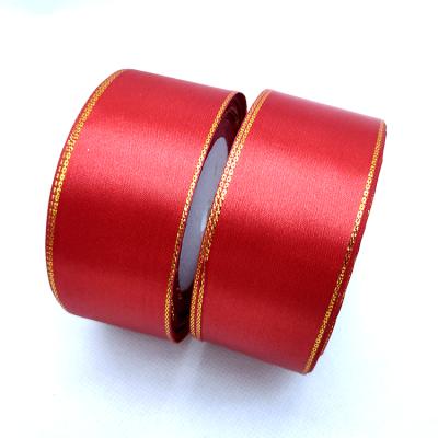 China Recyled Christmas Decoration Double Face Gold Edged Polyester Satin Metallic Woven Ribbon 4cm for sale