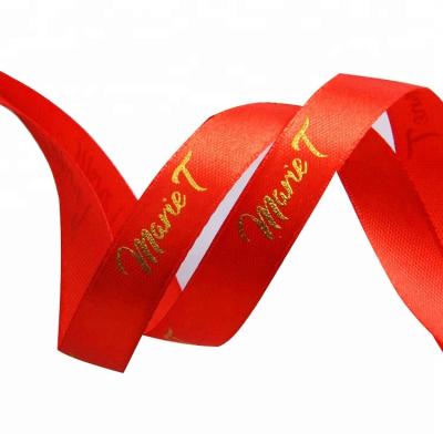 China Custom Red Recyled Logo 1.2cm Satin Ribbon, Single Face 1/2inch Gold Foil Printed Satin Ribbon For Decoration for sale