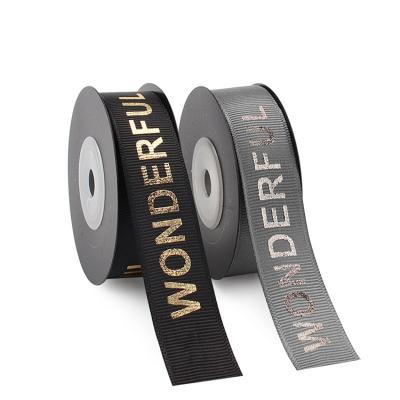 China 1 Inch 25mm Gold Foil Printed Logo Ribbon Grosgrain Custom Super Luxury Recyled Ribbon Wholesale for sale