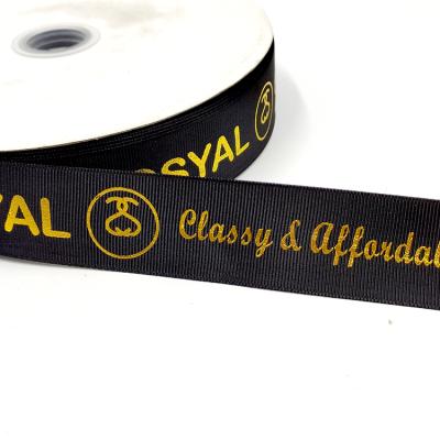 China Custom Recyled Good Quality Gold Foil Logo 20 Mm 3/4 Inch Black Grosgrain Ribbon Printed Wholesale for sale