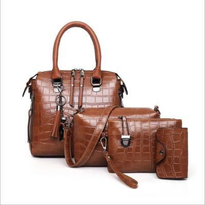 China 2021 Fashion Brown Handbag Lychee Face Soft PU Polyester Shoulder Bag For Women 4 Border In 1 Sets Bag for sale